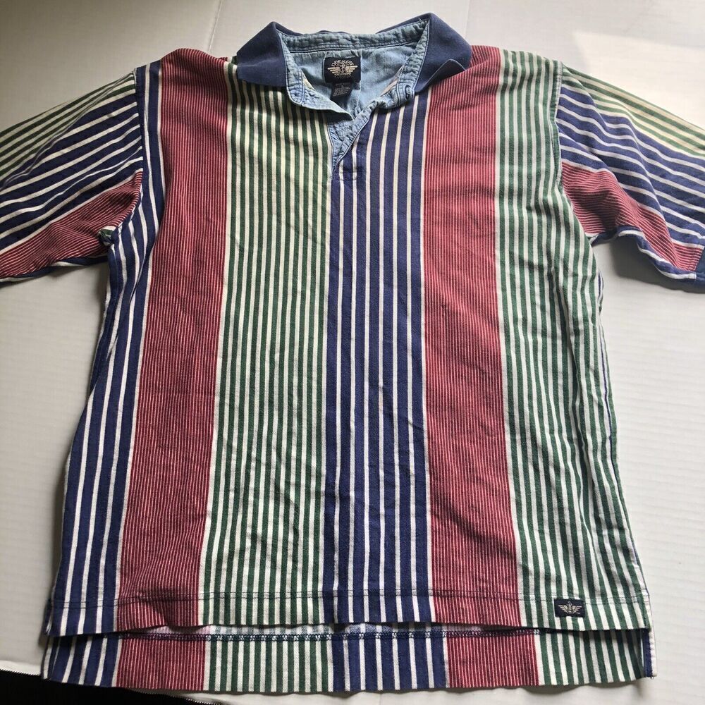 Vtg Dockers Green Red Blue Stripe Short Sleeve Polo Shirt Sz L A415